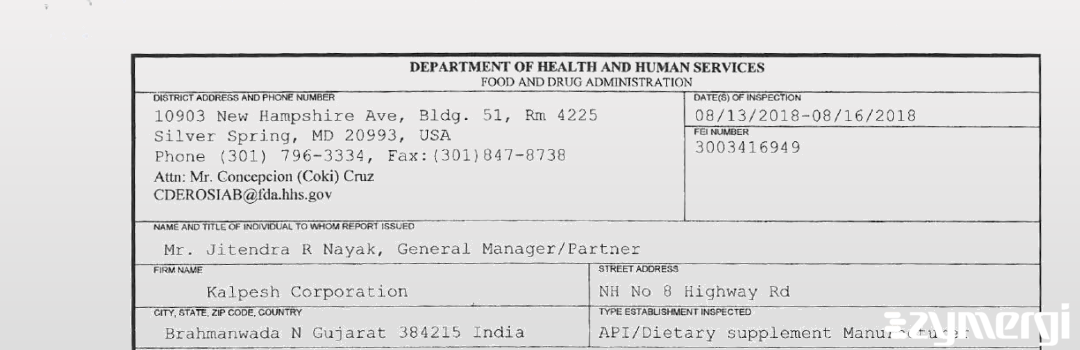 FDANews 483 Kalpesh Corporation Aug 16 2018 top