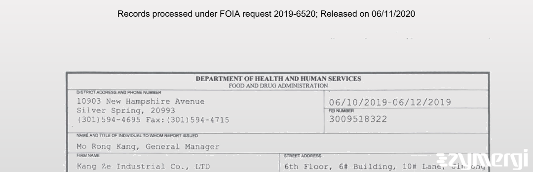 FDANews 483 KANG ZE INDUSTRIAL CO., LTD Jun 12 2019 top