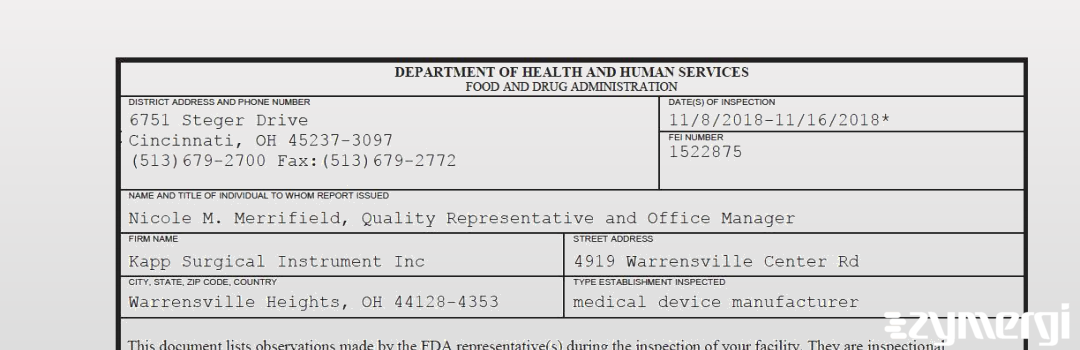 FDANews 483 Kapp Surgical Instrument Inc Nov 16 2018 top