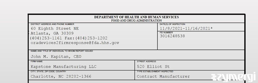 FDANews 483 Kapstone Manufacturing LLC Nov 16 2021 top