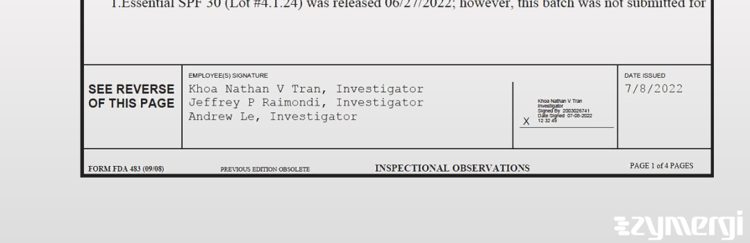 Jeffrey P. Raimondi FDA Investigator Khoa Nathan Tran FDA Investigator Andrew Le FDA Investigator Tran, Khoa Nathan V FDA Investigator