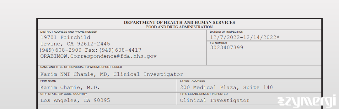 FDANews 483 Karim Chamie, M.D. Dec 14 2022 top