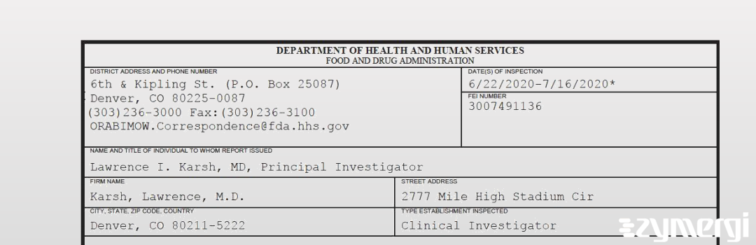 FDANews 483 Karsh, Lawrence, M.D. Jul 16 2020 top