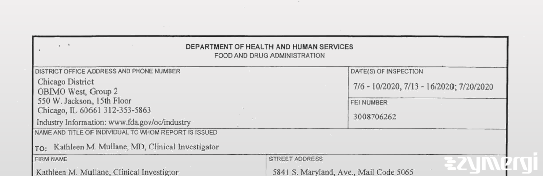 FDANews 483 Kathleen M. Mullane, Clinical Investigator Jul 20 2020 top