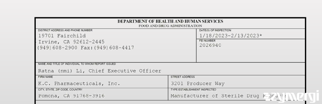 FDANews 483 K.C. Pharmaceuticals, Inc Feb 13 2023 top