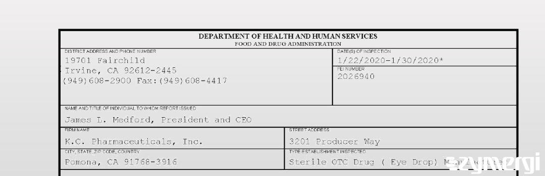 FDANews 483 K.C. Pharmaceuticals, Inc Jan 30 2020 top