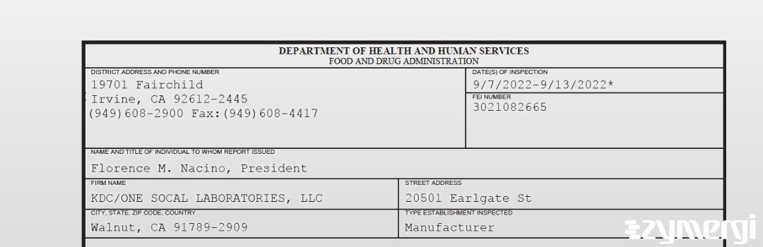 FDANews 483 KDC/ONE SOCAL LABORATORIES, LLC Sep 13 2022 top