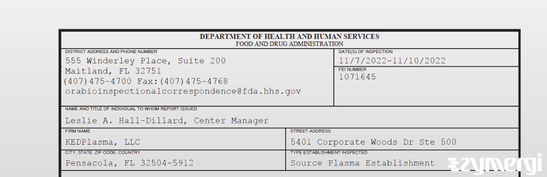 FDANews 483 KEDPLASMA LLC Nov 10 2022 top