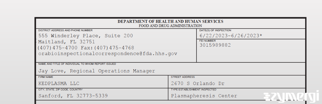 FDANews 483 KEDPLASMA LLC Jun 26 2023 top