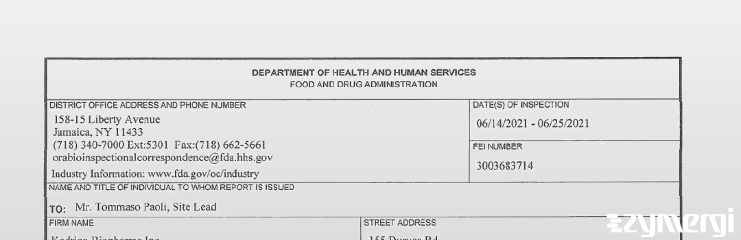 FDANews 483 Kedrion Biopharma Inc. Jun 25 2021 top