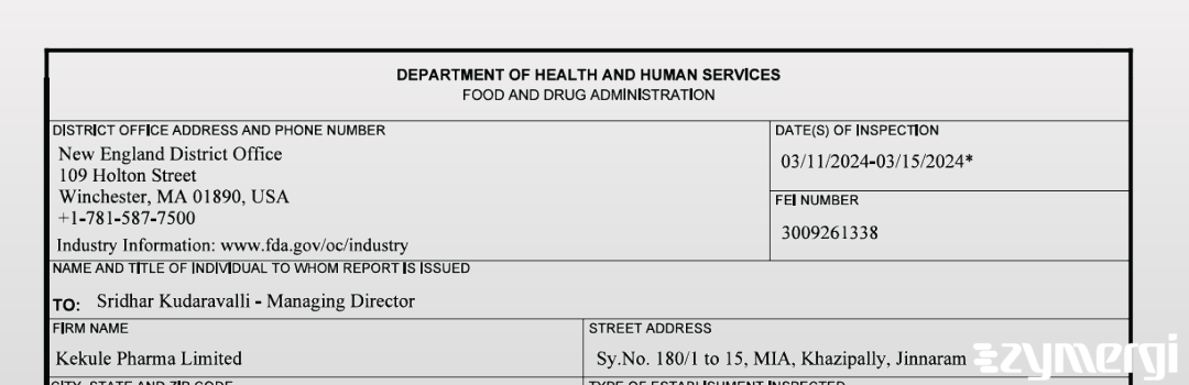 FDANews 483 Kekule Pharma Limited Mar 15 2024 top