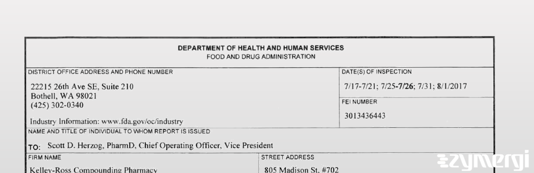 FDANews 483 Kelley-Ross & Associates, Inc. dba Kelley-Ross Compounding Pharmacy Aug 1 2017 top