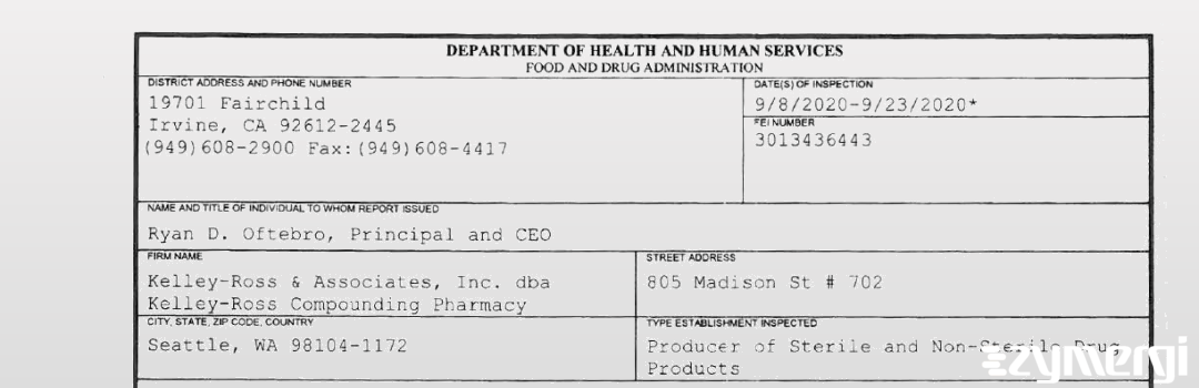 FDANews 483 Kelley-Ross & Associates, Inc. dba Kelley-Ross Compounding Pharmacy Sep 23 2020 top