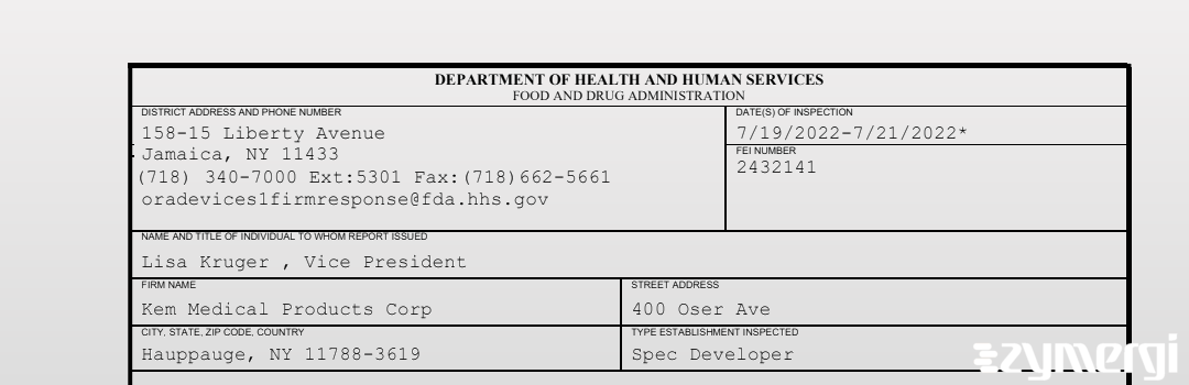 FDANews 483 Kem Medical Products Corp Jul 21 2022 top