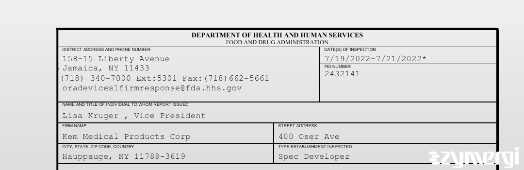FDANews 483 Kem Medical Products Corp Jul 21 2022 top