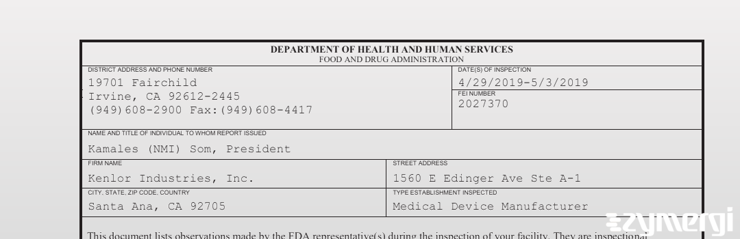 FDANews 483 Kenlor Industries, Inc. May 3 2019 top