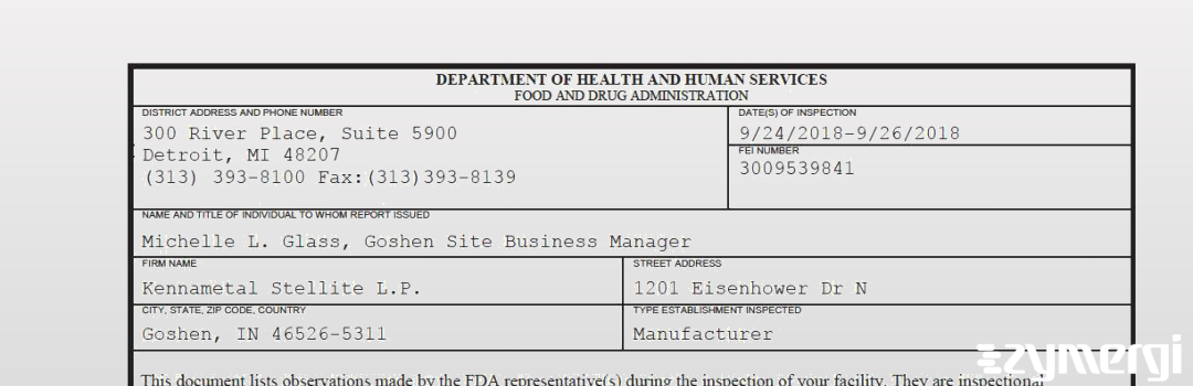 FDANews 483 Kennametal Stellite L.P. Sep 26 2018 top