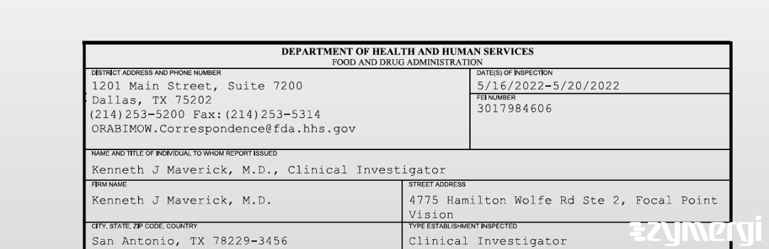 FDANews 483 Kenneth J Maverick, M.D. May 20 2022 top