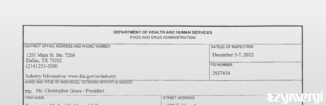 FDANews 483 Kensington Medical Holdings LLC Dec 7 2022 top