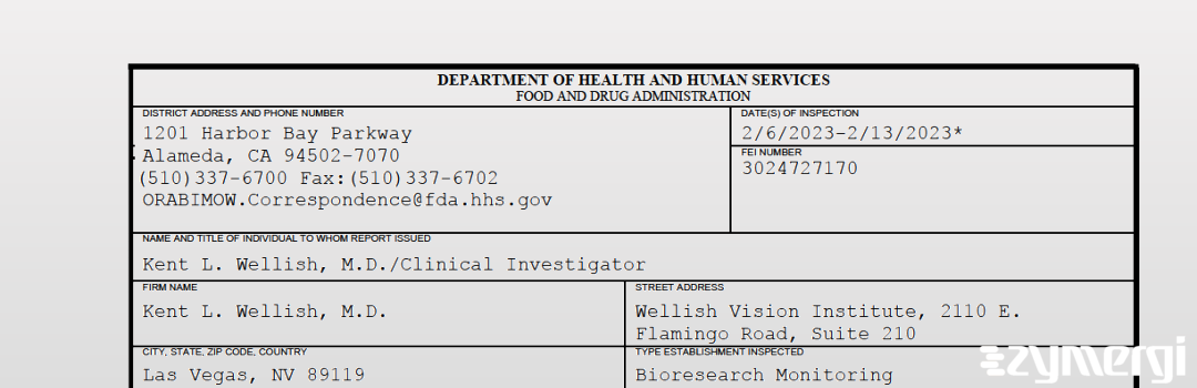 FDANews 483 Kent L. Wellish, M.D. Feb 13 2023 top