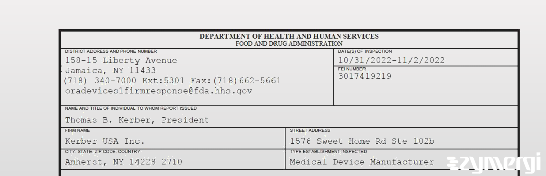 FDANews 483 Kerber USA Inc. Nov 2 2022 top