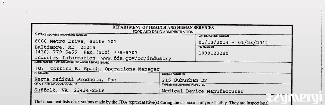 FDANews 483 Kerma Medical Products, Inc Jan 23 2014 top