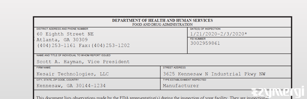 FDANews 483 Kesair Technologies, LLC Feb 3 2020 top