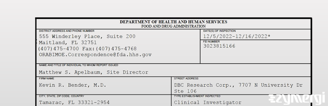 FDANews 483 Kevin R. Bender, M.D. Dec 16 2022 top