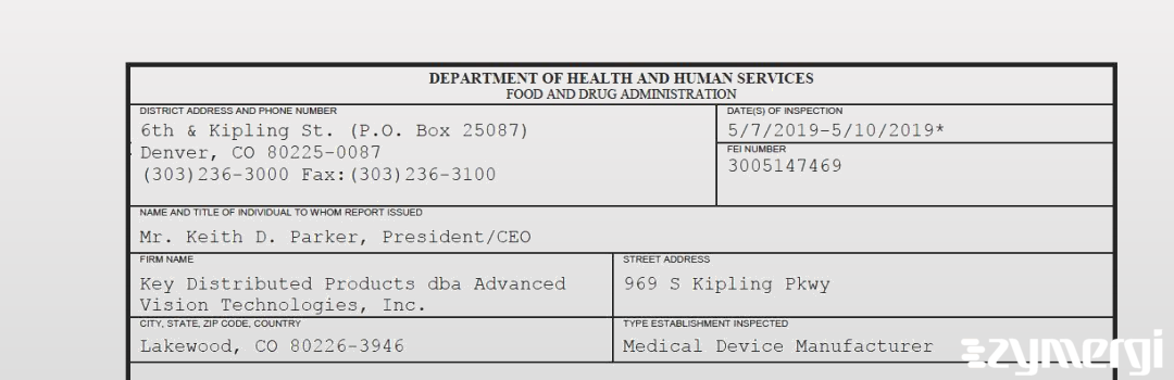 FDANews 483 Key Distributed Products dba Advanced Vision Technologies, Inc. May 10 2019 top