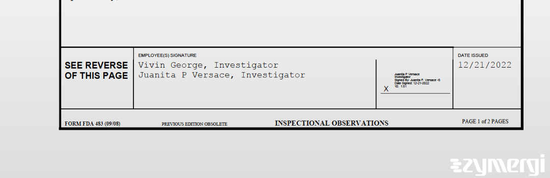 Juanita P. Versace FDA Investigator Vivin George FDA Investigator 