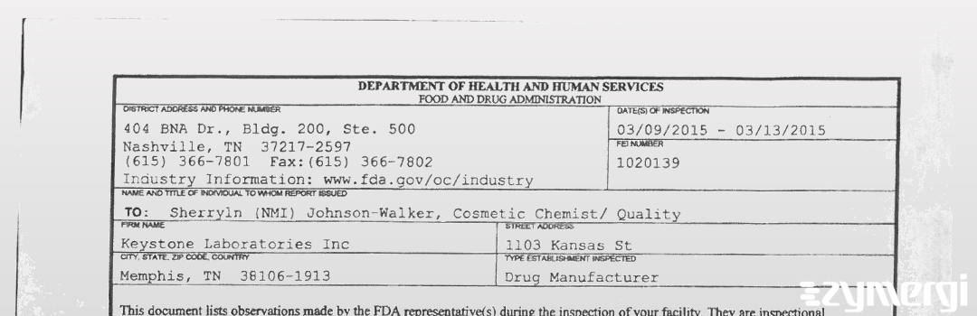 FDANews 483 Keystone Laboratories, Inc. Mar 13 2015 top