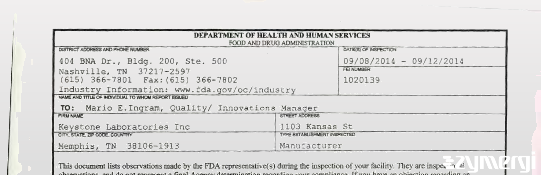 FDAzilla 483 Keystone Laboratories, Inc. Sep 12 2014 top