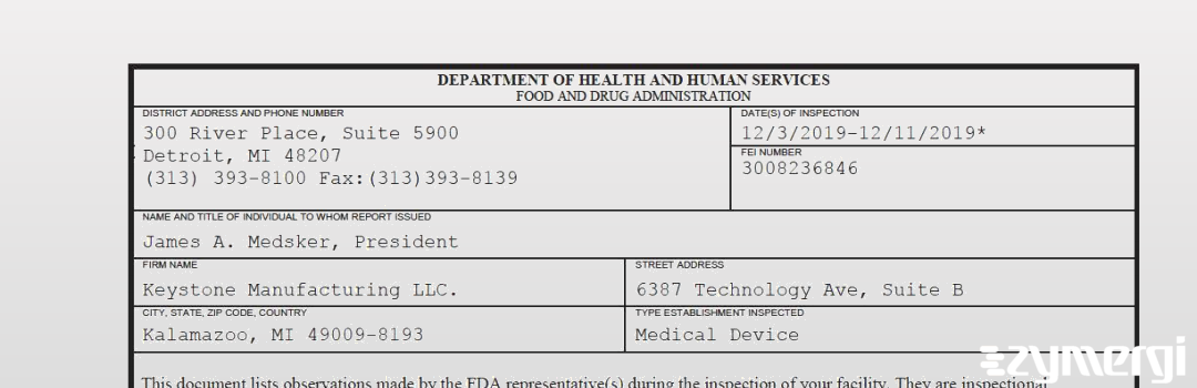 FDANews 483 Keystone Manufacturing LLC. Dec 11 2019 top