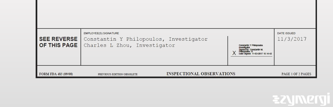 Charles L. Zhou FDA Investigator Constantin Y. Philopoulos FDA Investigator 