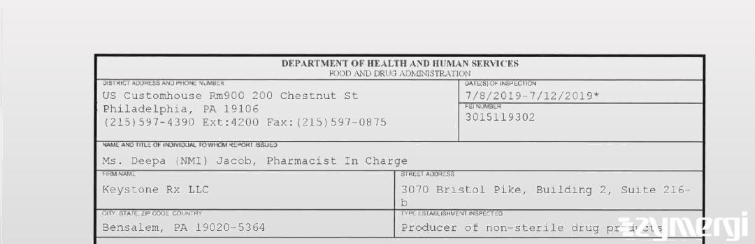 FDANews 483 Keystone Rx LLC Jul 12 2019 top