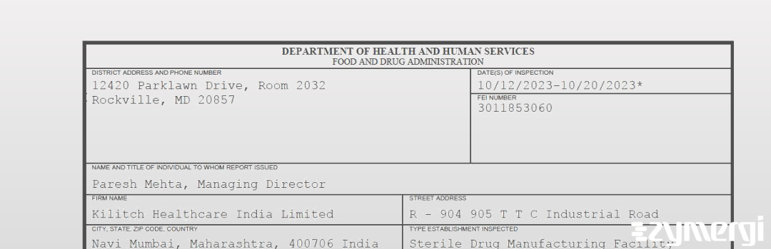 FDANews 483 Kilitch Healthcare India Limited Oct 20 2023 top