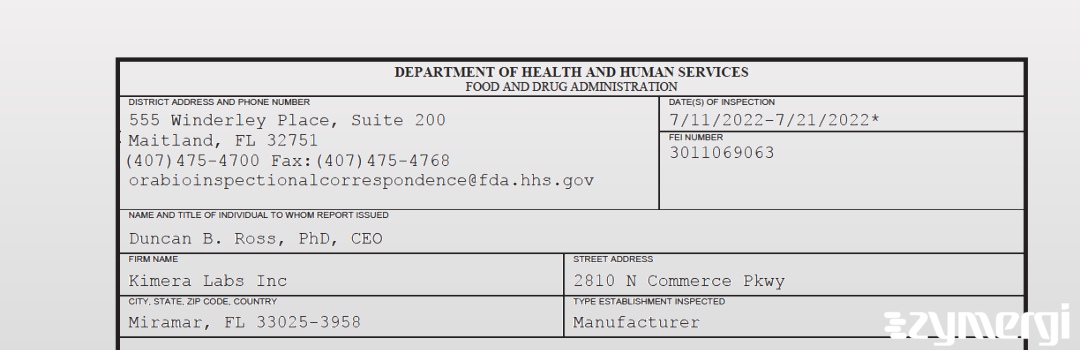 FDANews 483 Kimera Labs Inc Jul 21 2022 top