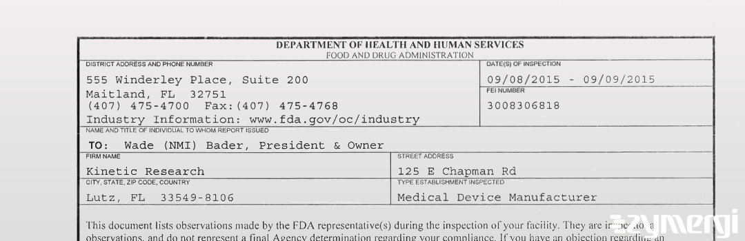 FDANews 483 Kinetic Research, Inc. Sep 9 2015 top