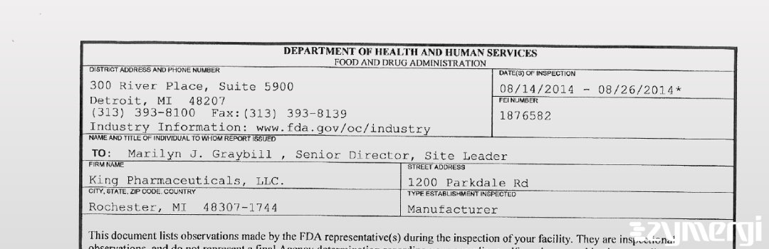 FDAzilla 483 King Pharmaceuticals, LLC. Aug 26 2014 top