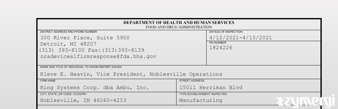 FDANews 483 King Systems Corp. dba Ambu, Inc. Apr 15 2021 top