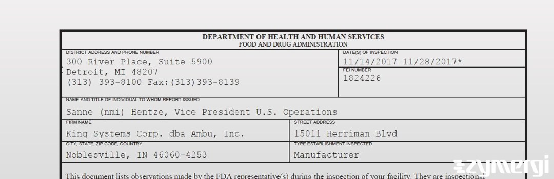 FDANews 483 King Systems Corp. dba Ambu, Inc. Nov 28 2017 top