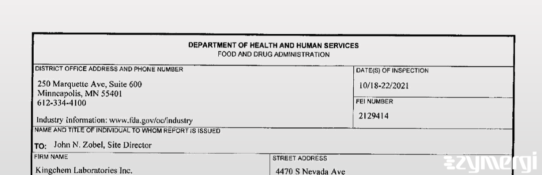 FDANews 483 Kingchem Laboratories Inc. Oct 22 2021 top