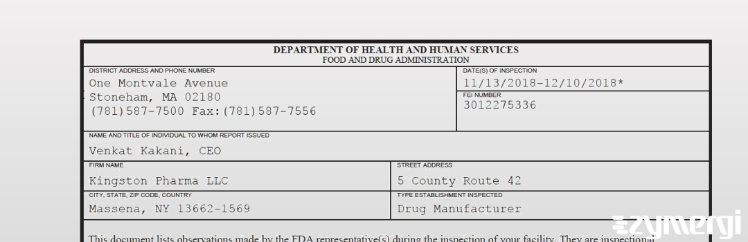 FDANews 483 Kingston Pharma LLC Dec 10 2018 top