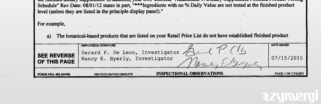 Nancy E. Byerly FDA Investigator Gerard P. De Leon FDA Investigator De Leon, Gerard P FDA Investigator 