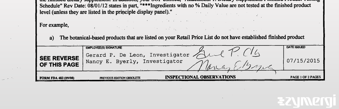 Nancy E. Byerly FDA Investigator Gerard P. De Leon FDA Investigator De Leon, Gerard P FDA Investigator