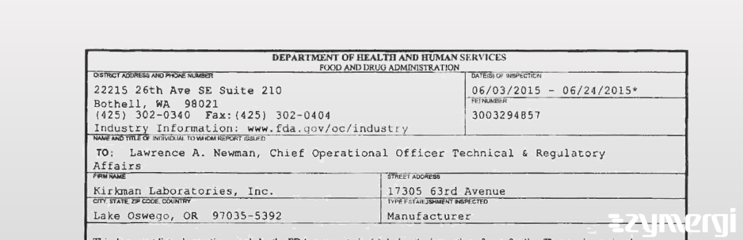 FDANews 483 Kirkman Laboratories, Inc. Jun 24 2015 top