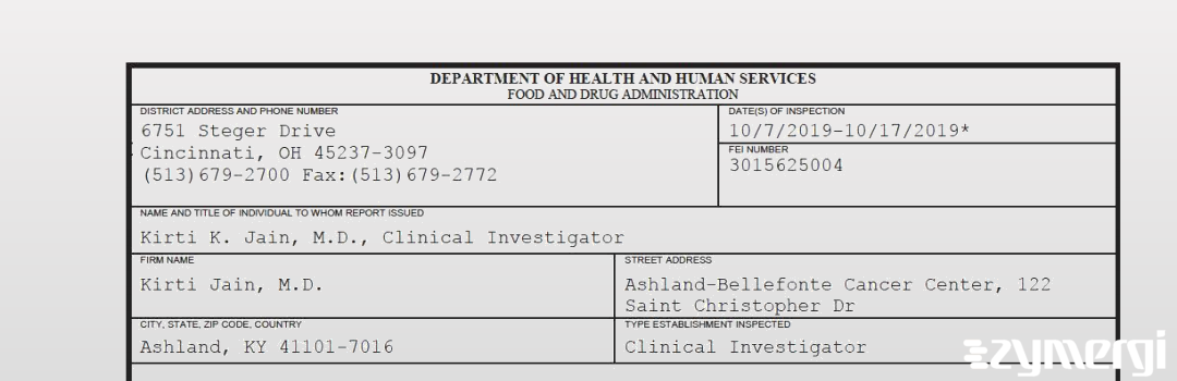 FDANews 483 Kirti Jain, M.D. Oct 17 2019 top