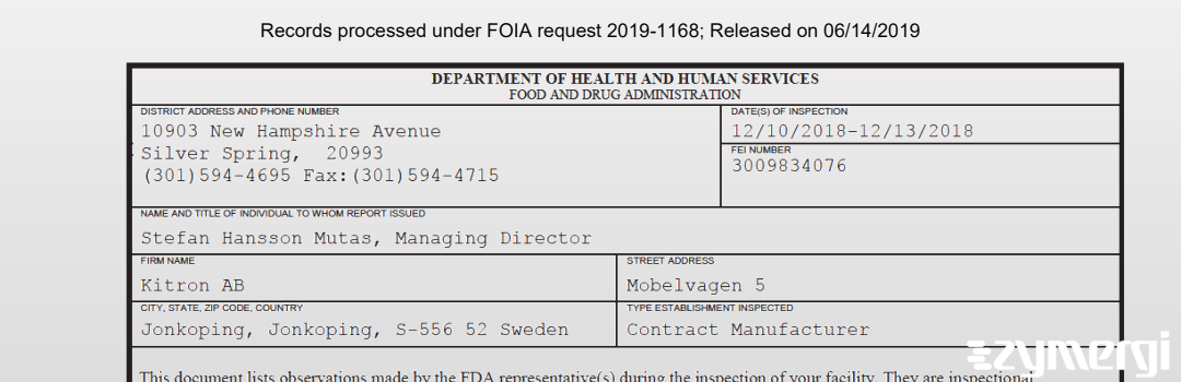 FDANews 483 Kitron AB Dec 13 2018 top