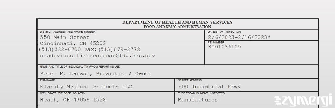 FDANews 483 Klarity Medical Products LLC Feb 16 2023 top