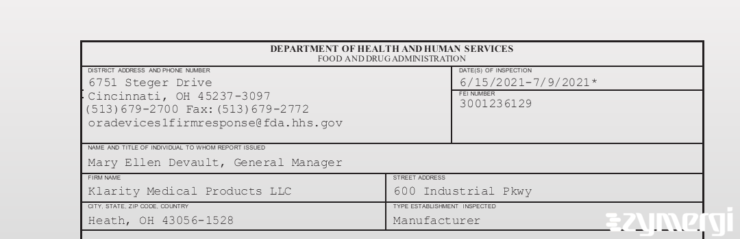 FDANews 483 Klarity Medical Products LLC Jul 9 2021 top